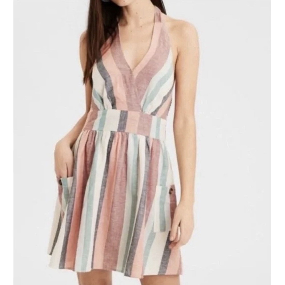 American Eagle Women's Halter Striped Dress‎ Pockets Linen Blend Size XS New